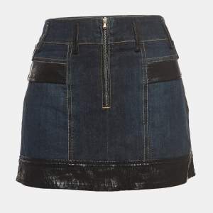 Pre Owned Dolce & Gabbana Blue Denim and Faux Leather Trim Detail Mini Skirt M