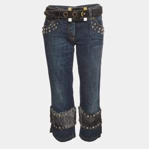 Pre Owned Dolce & Gabbana Blue Denim and Fur Studded Detail Jeans M Waist 34