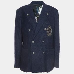 Pre Owned Dolce & Gabbana Navy Blue Logo Embroidered Tweed Double Breasted Coat M