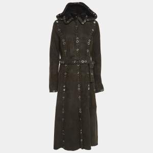 Dolce & Gabbana Brown Suede and Fur Grommet Detail Hooded Trench Coat S