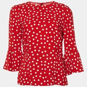 Pre Owned Dolce & Gabbana Red Polka Dotted Crepe Flounced Sleeve Blouse M