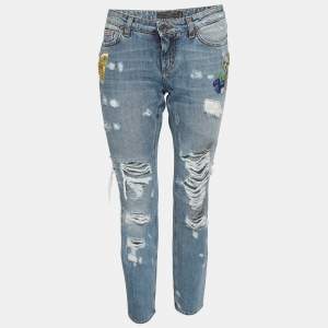 Pre Owned Dolce & Gabbana Blue Ripped Denim Sequin Applique Jeans M Waist 32'' 