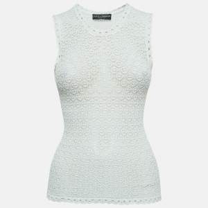 Pre Owned Dolce & Gabbana White Patterned Knit Sleeveless Top S
