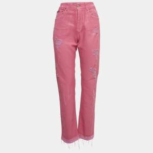 Pre Owned Dolce & Gabbana Pink Distressed Denim Straight Fit Jeans S Waist 27''