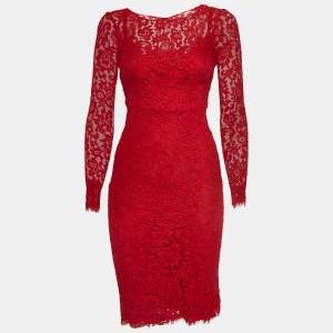 Pre Owned Dolce & Gabbana Red Floral Pattern Lace Long Sleeve Midi Dress XS