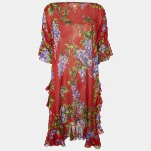 Dolce & Gabbana Red Floral Print Cotton Kaftan Cover Up M