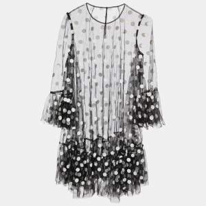 Dolce & Gabbana Black Polka Dot Embroidered Tulle Ruffled Dress S 