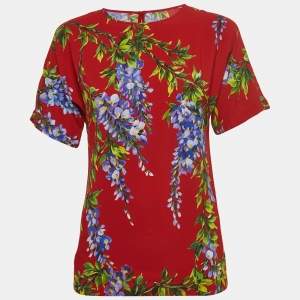 Pre Owned Dolce & Gabbana Red Floral Print Crepe Short Sleeve Blouse S