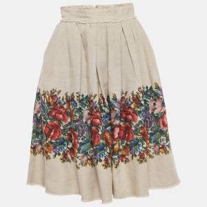 Pre Owned Dolce & Gabbana Brown Floral Print Linen Gathered Midi Skirt S