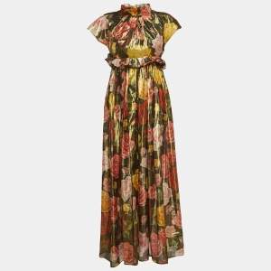 Pre Owned Dolce & Gabbana Multicolor Floral Print Metallic Trim Silk Ruffled Midi Dress M
