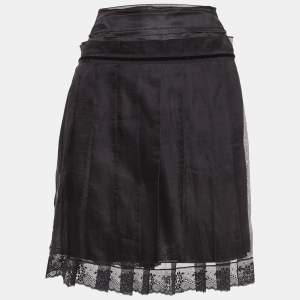 D&G Black Lace and Velvet Trim Silk Pleated Mini Skirt L