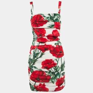 Pre Owned Dolce & Gabbana White/Red Floral Print Silk Ruched Mini Dress M   