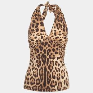 Pre Owned Dolce & Gabbana Brown Leopard Print Silk Tie-Up Halter Neck Top S