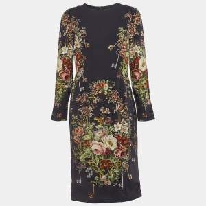 Pre Owned Dolce & Gabbana Navy Blue Floral & Key Print Crepe Midi Dress L