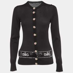 مملوكة مسبقًا Dolce & Gabbana Black Logo Sequin Knit Rose Metal Buttoned Cardigan S