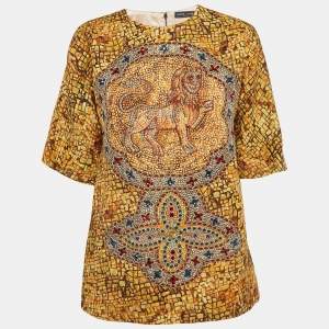 Pre Owned Dolce & Gabbana Yellow Embroidered Mosaic Print Wool Blouse S