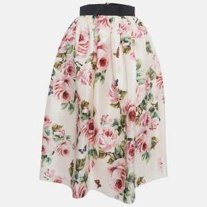 Pre Owned Dolce & Gabbana Pink Rose Print Silk Gathered Midi Skirt S