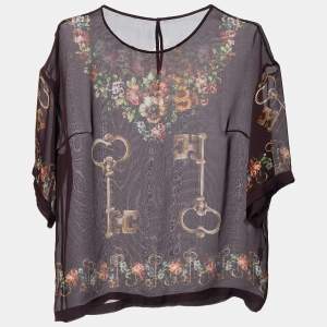 Dolce & Gabbana Deep Maroon Floral Key Print Silk Sheer Blouse S