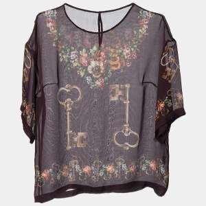 Pre Owned Dolce & Gabbana Deep Maroon Floral Key Print Silk Sheer Blouse S