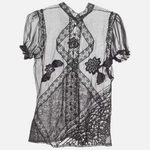 Pre Owned Dolce & Gabbana Black Lace Trim Silk Applique Detail Sheer Top M