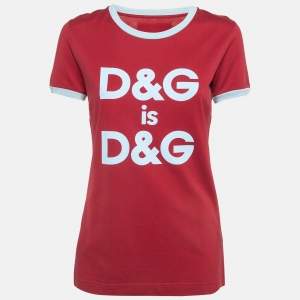 Dolce & Gabbana Red Logo Printed Cotton Contrast Detail T-Shirt S