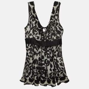 Pre Owned Dolce & Gabbana Monochrome Leaf Print Silk Ruffled Top M