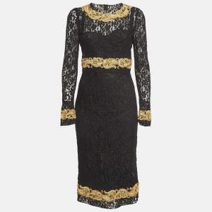 Dolce & Gabbana Black Baroque Goldwork Lace Long Sleeve Midi Dress M