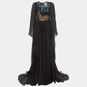 Pre Owned Dolce & Gabbana Black Sequin Embellished Lace Trim Silk Flared Sleeve Gown S