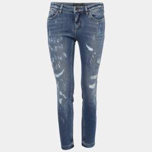 Pre Owned Dolce & Gabbana Blue Distressed Denim Pretty Jeans S Waist 28