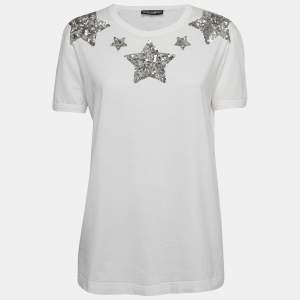 Pre Owned Dolce & Gabbana White Star Embroidered Cotton Knit Tshirt S