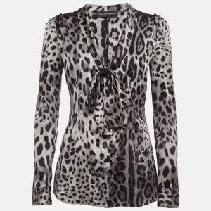 Pre Owned Dolce & Gabbana Grey Leopard Print Silk Buttoned Front Top S