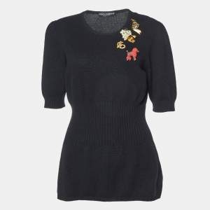 Pre Owned Dolce & Gabbana Black Cashmere Brooch Embellished Sweater L