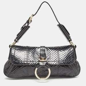 Pre Owned Dolce & Gabbana Black Python and Eel Leather Ring Flap Shoulder Bag