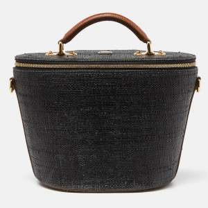 Pre Owned Dolce & Gabbana Grey/Brown Raffia and Lizard Embossed Leather Bucket Bag
