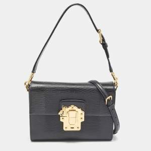 Pre Owned Dolce & Gabbana Black Lizard Embossed Leather Medium Lucia Shoulder Bag