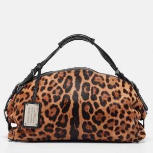 Dolce & Gabbana Beige/Leather Leopard Print Calfhair and Leather Duffel Bag