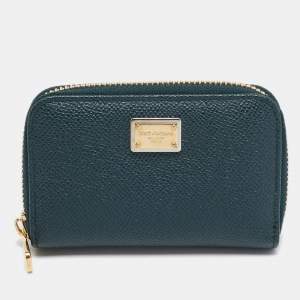 Pre Owned Dolce & Gabbana Green Leather Zip Coin Purse