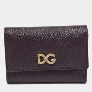 Dolce & Gabbana Burgundy Leather DG Crystals Trifold Wallet