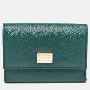 Pre Owned Dolce & Gabbana Green Leather Logo Plaque Trifold Wallet