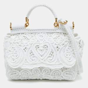 Pre Owned Dolce & Gabbana White Fabric Cordonetto Lace Medium Sicily Cordonetto Top Handle Bag