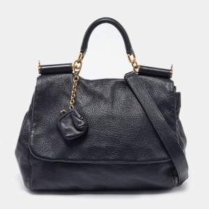 Dolce & Gabbana Black Leather Large Miss Sicily Top Handle Bag