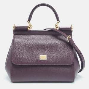 Pre Owned Dolce & Gabbana Plum Leather Small Miss Sicily Top Handle Bag