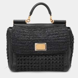 Dolce & Gabbana Black Leather and Raffia Miss Sicily Top Handle Bag