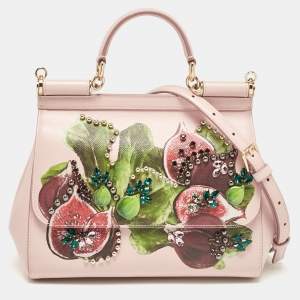 Dolce & Gabbana Pink Fig Print Leather Medium Embellished Sicily Top Handle Bag