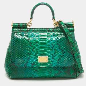 Pre Owned Dolce & Gabbana Green Python Medium Miss Sicily Top Handle Bag