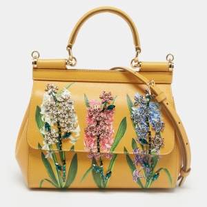 Pre Owned Dolce & Gabbana Mustard Floral Print Leather Small Crystals Sicily Top Handle Bag