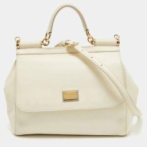 Dolce & Gabbana Off White Leather Medium Miss Sicily Top Handle Bag