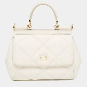 Pre Owned Dolce & Gabbana White Quilted Leather Small Miss Sicily Top Handle Bag