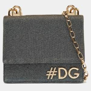 Pre Owned Dolce & Gabbana Blue/Gold Lurex Fabric DG Girls Flap Shoulder Bag
