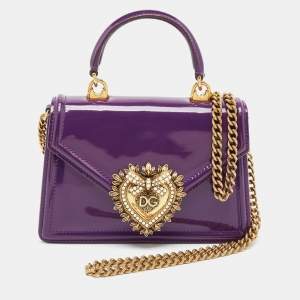 Pre Owned Dolce & Gabbana Purple Patent Leather Small Devotion Top Handle Bag